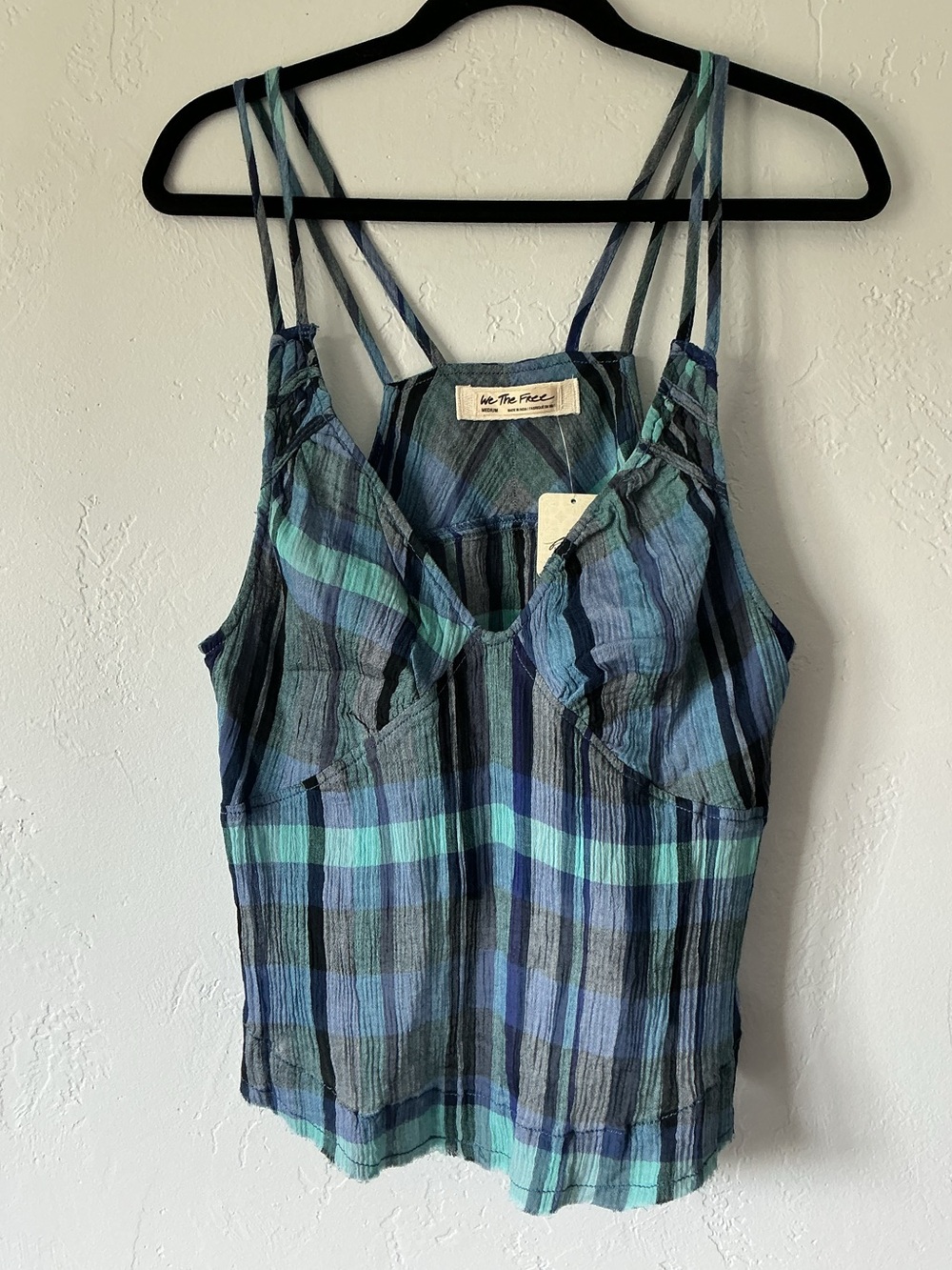 NWT Free People Blue Green Plaid Strappy Cami